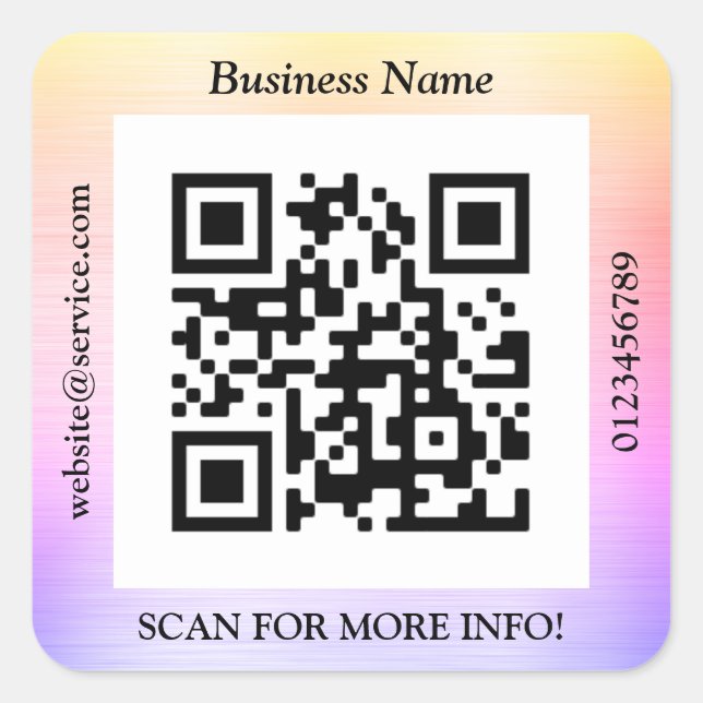 QR Code Bus. Name Website Promo, Brushed Rainbow Quadratischer Aufkleber (Vorderseite)