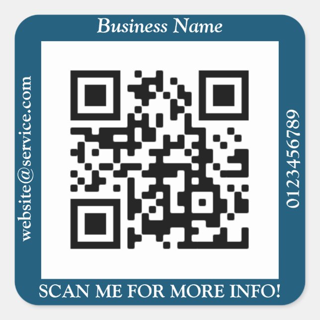 QR Code Bus. Name Website Promo, Ocean Blue Quadratischer Aufkleber (Vorderseite)