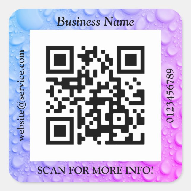 QR Code Bus. Name Website Promo, Water Droplets Quadratischer Aufkleber (Vorderseite)