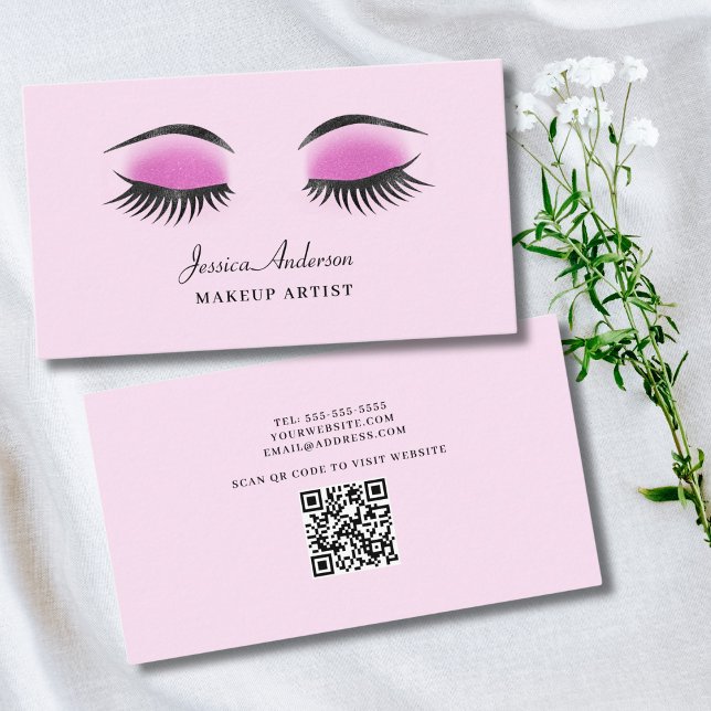 QR Code Business Card für moderne rosa Makeup Küns Visitenkarte (Von Creator hochgeladen)