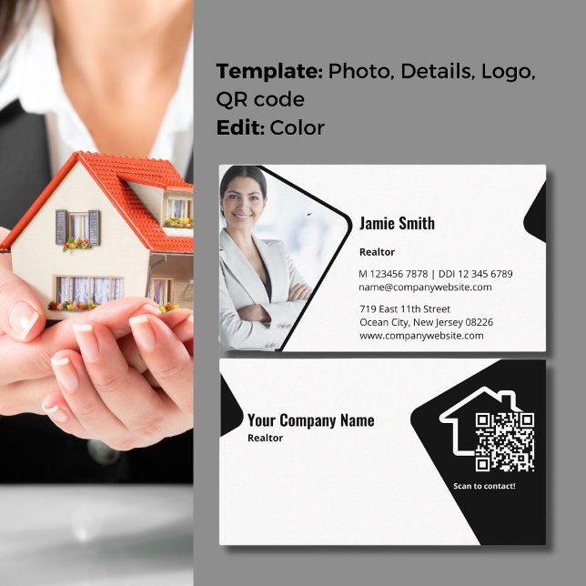 QR Code Business Card für moderne Schwarz-Weiß-Rea Visitenkarte (Modern Black & White Realtor QR Code Business Card with Profile Photo)
