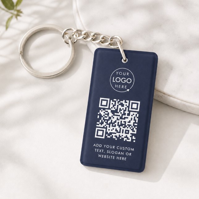 QR-Code | Business Logo Beruflich Navy Blue Schlüsselanhänger (Versatile editable keychain template with interactive QR code & your business logo in navy blue)