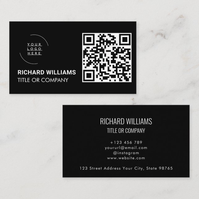 QR-Code-Business-Logo | Black Modern Beruflich Visitenkarte (Vorne/Hinten)