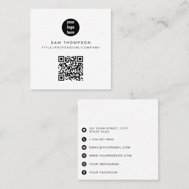 QR-Code-Business-Logo Modern Minimalistisch Quadratische Visitenkarte (Vorne/Hinten)