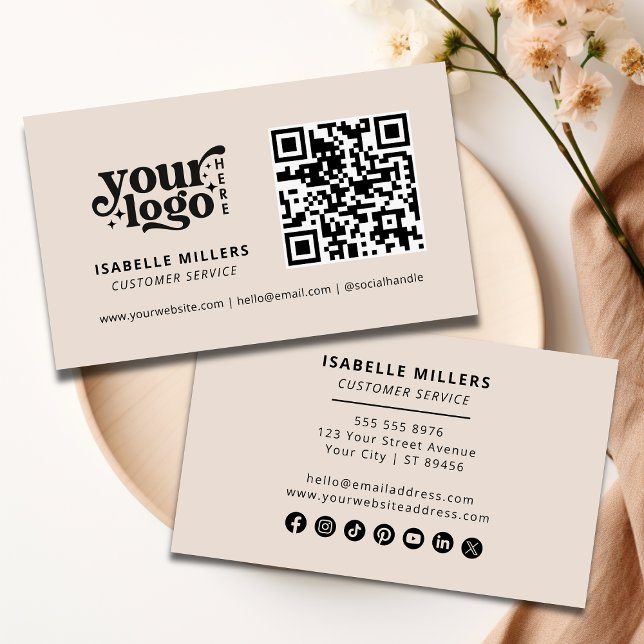 QR Code Business-Logo Modernes Berufliches Beige Visitenkarte (QR Code Business Logo Modern Professional Beige Business Card)