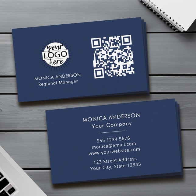 QR Code Business-Logo Navy Moderne Berufliche Visitenkarte (Custom QR Code Logo Modern Navy Blue Business Card)