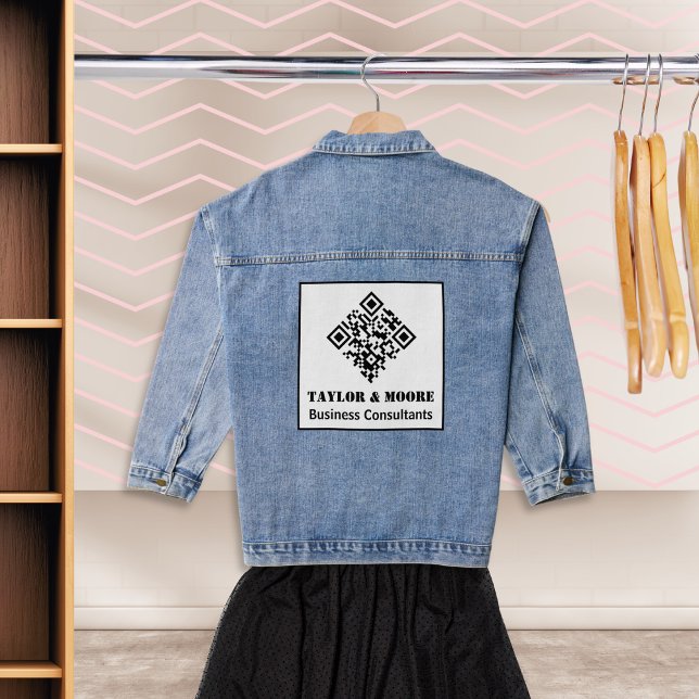 QR Code Business Marketing Publicity Barcode Scan Jeansjacke (A denim jacket to customize with your business name and type, and a QR code to link to your website)
