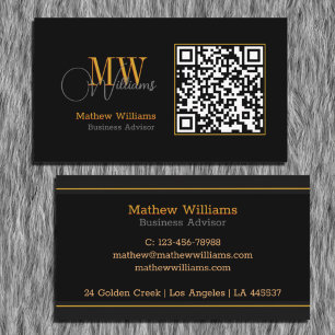 QR Code Business, modern Black Monogram Pro Visitenkarte