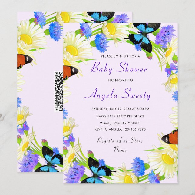 QR Code Butterfly Baby Shower Einladung Vorlage (Vorne/Hinten)