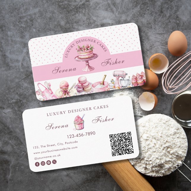 QR Code Cake Baker Polka Dot Chic Pink Business Visitenkarte (Von Creator hochgeladen)