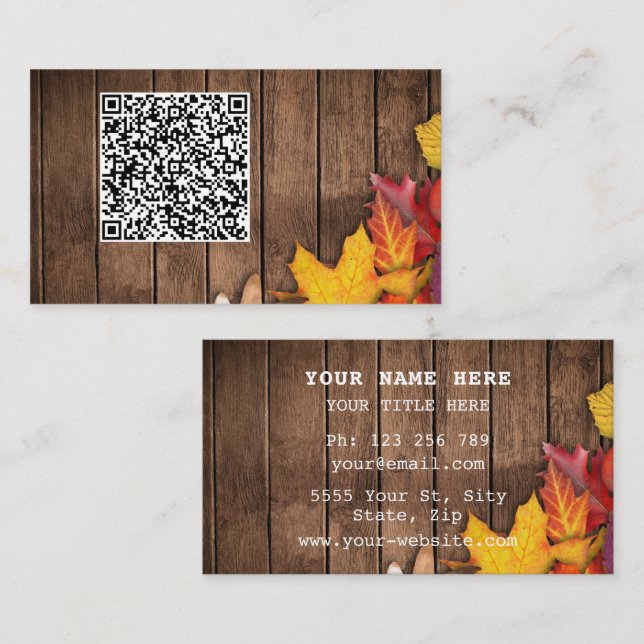 QR Code Carte de visite Automne Feuilles Bois (Devant / Derrière)