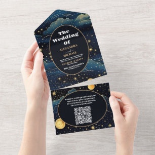 QR Code Celestial Midnight Blue Stars Moon Wedding All In One Einladung