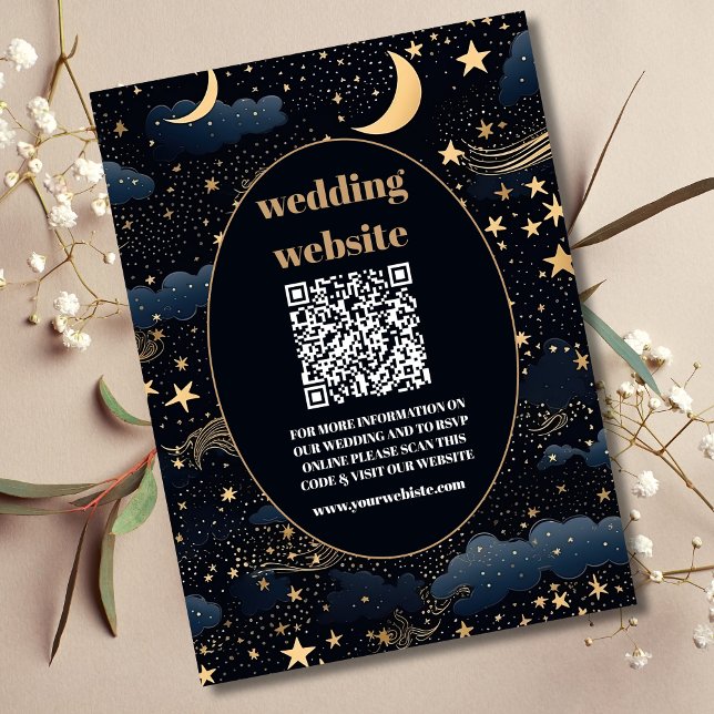 qr code Celestial Midnight Blue Stars Moon Wedding Begleitkarte (Von Creator hochgeladen)