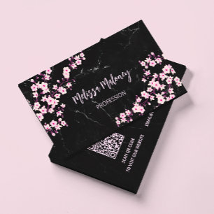 QR Code   Cherry Blossoms Pink Black Marble Visitenkarte