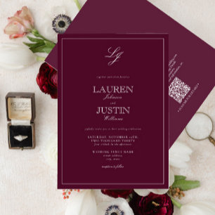 QR Code Classic Burgundy Script Monogram Wedding Einladung