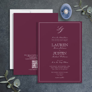 QR Code Classic Burgundy Script Monogram Wedding I Einladung