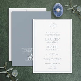 QR Code Classic Dusty Blue Script Monogram Wedding Einladung