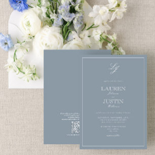 QR Code Classic Dusty Blue Script Monogram Wedding Einladung