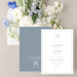QR Code Classic Dusty Blue Script Monogram Wedding Einladung