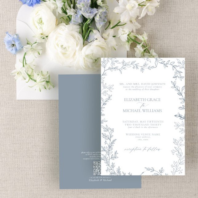 QR Code Classic Formal Dusty Blue Leafy Wedding Einladung (Von Creator hochgeladen)