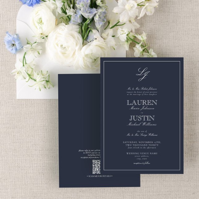 QR Code Classic Navy Blue Script Monogram Wedding Einladung (Von Creator hochgeladen)