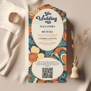 QR Code Colorful Groovy Retro 70er Floral Wedding All In One Einladung