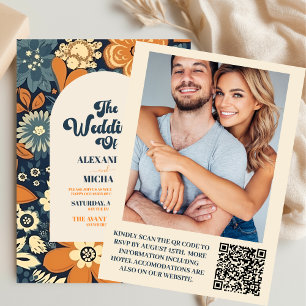 QR Code Colorful Groovy Retro 70er Floral Wedding Einladung