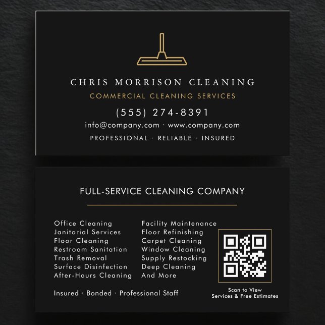 QR Code Commercial Cleaning Black Gold Visitenkarte (Von Creator hochgeladen)