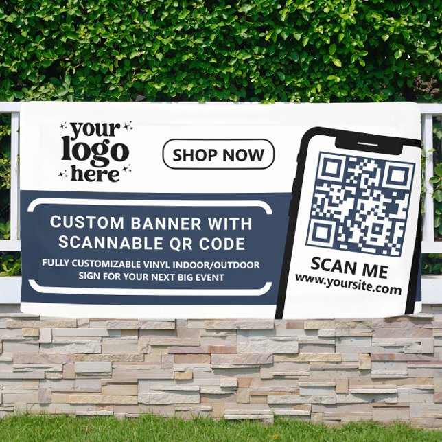 QR Code Company Logo Blue Indoor Vinyl Banner (Von Creator hochgeladen)