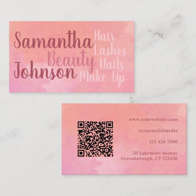 QR Code Custom Modern Pink Beauty Visitenkarte (Vorne/Hinten)