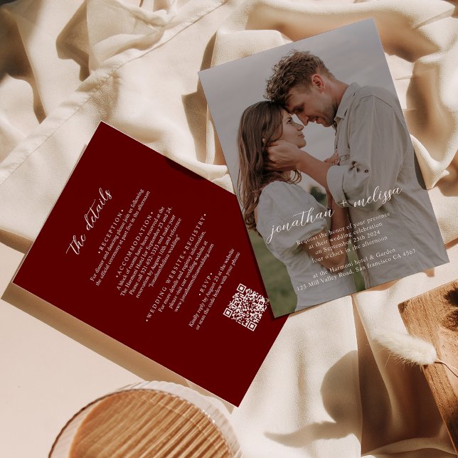 QR Code Dark Red Overlay Foto Skript Hochzeit Einladung (Von Creator hochgeladen)