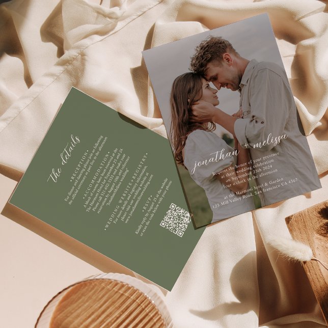 QR Code Deep Sage Green Foto Skript Hochzeit Einladung (Von Creator hochgeladen)