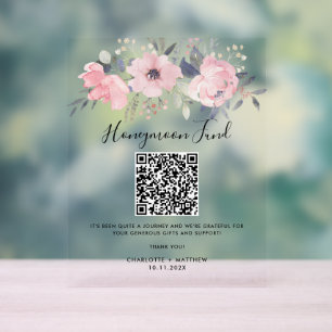QR-Code des Blumenrosa-Bloom Honeymoon-Fonds Acrylschild