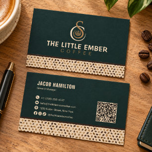 QR-Code-Design für Coffeeshop in Tiefgrün und Beig Visitenkarte