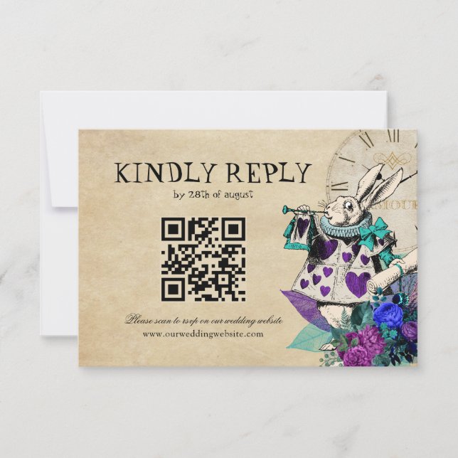 QR Code Dunkle Alice im Wunderland Hochzeit RSVP Karte (Vorderseite)