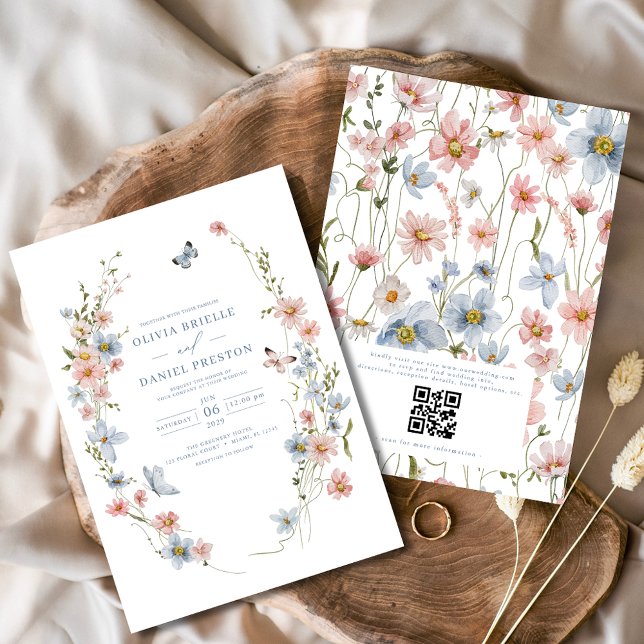 QR Code Dusty Blue Blush Pink Wildblume Hochzeit Einladung (Von Creator hochgeladen)
