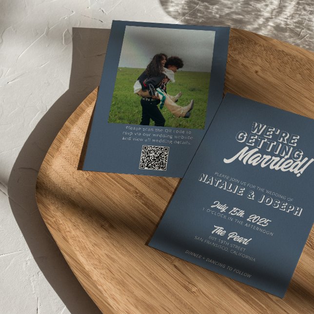 QR Code Dusty Blue Bold Funky Foto Fun Wedding Einladung (Von Creator hochgeladen)