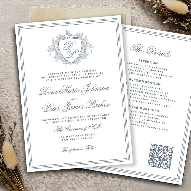 QR code dusty blue crest monogram wedding Einladung (Von Creator hochgeladen)