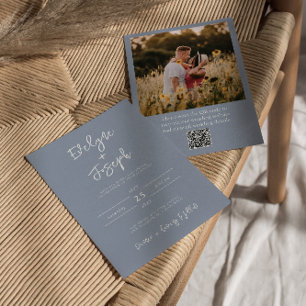 QR Code Dusty Blue Foto Boho Moderne Hochzeit Einladung