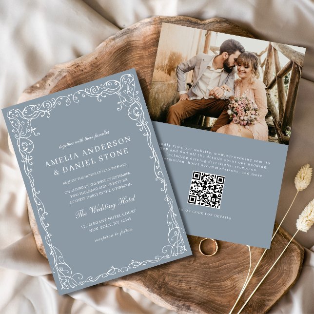 QR Code Dusty Blue Foto Minimalistisch Hochzeit Einladung (Von Creator hochgeladen)
