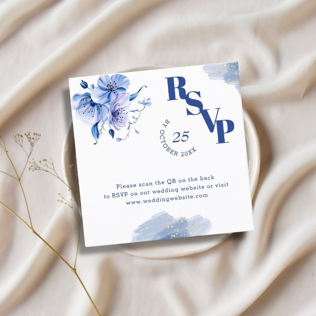 QR Code Dusty Blue Gold Wedding Website RSVP Cards Quadratische Visitenkarte (Von Creator hochgeladen)