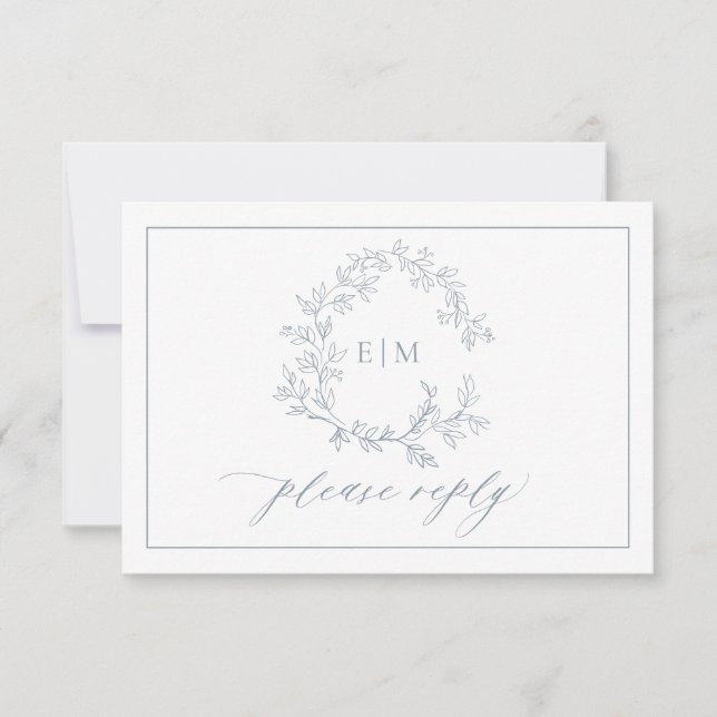 QR Code Dusty Blue Leafy Wappen Monogram Wedding RSVP Karte (Vorderseite)