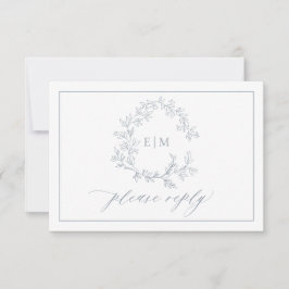 QR Code Dusty Blue Leafy Wappen Monogram Wedding RSVP Karte