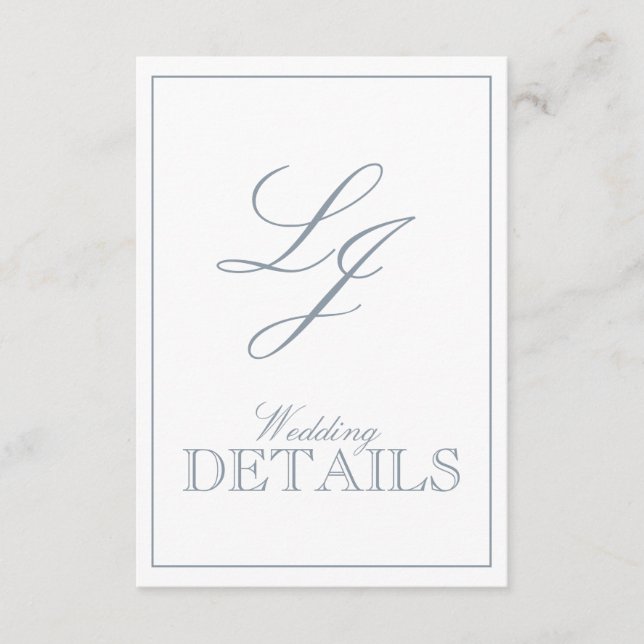 QR Code Dusty Blue Script Monogram Wedding Details Begleitkarte (Vorderseite)