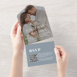 QR-Code | Dusty Blue Simple Overlay Foto Wedding All In One Einladung