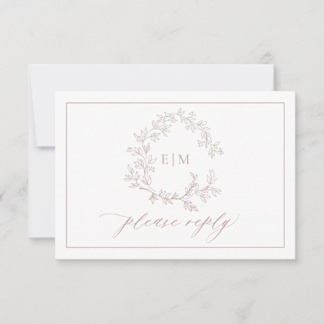 QR Code Dusty Rose Leafy Wappen Monogram Wedding RSVP Karte (Vorderseite)