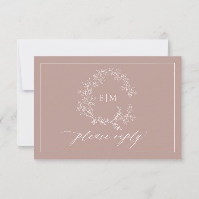 QR Code Dusty Rose Leafy Wappen Monogram Wedding RSVP Karte (Vorderseite)