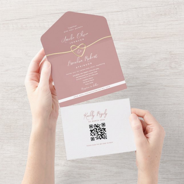 QR Code Dusty Rose Wedding All In One Einladung (Abreißen)
