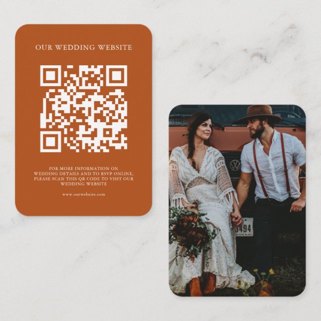 QR Code Einfache Bohemische Terracotta-Foto Hochze Begleitkarte (Vorne/Hinten)
