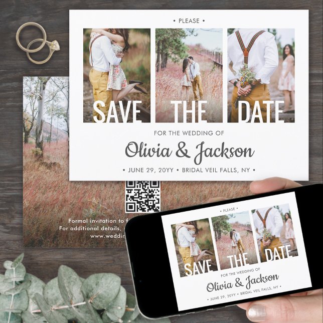 QR Code Einfache moderne Typografie 4 Foto Hochzei Save The Date (Von Creator hochgeladen)
